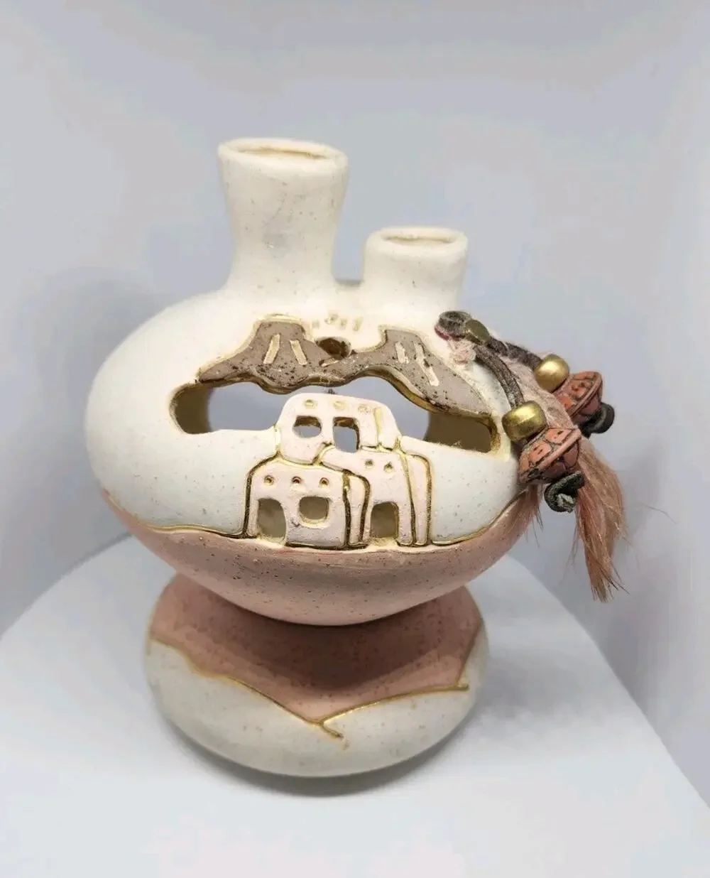 VNTG Votive Candle Holder Mexican Vase Potery Gold Lined W base Southwestern